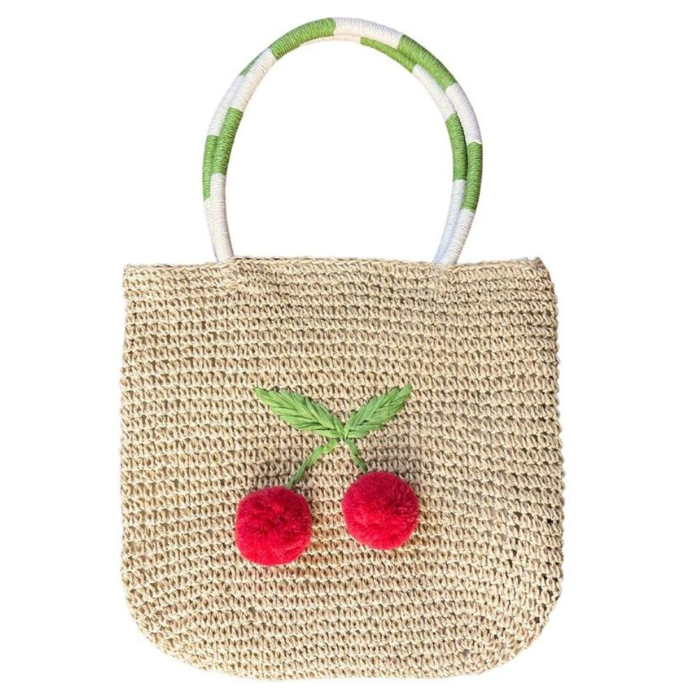 Acorn Cherry Pom Pom Straw Bag