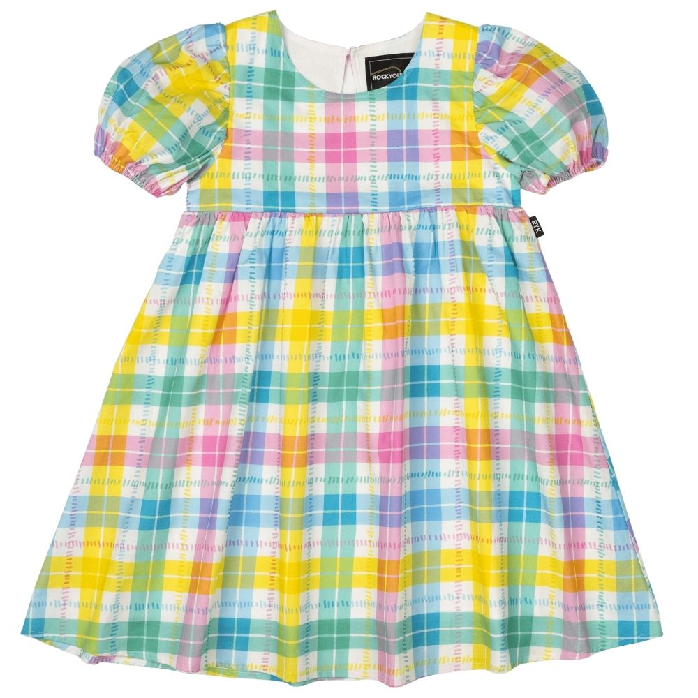 Rock Your Kid Summer Time Plaid Puff Sleeve Dress