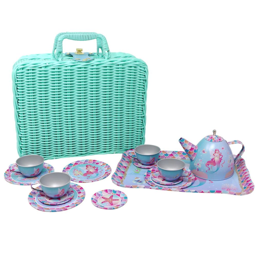 Pink Poppy Shimmering Mermaid Tea Set in Basket